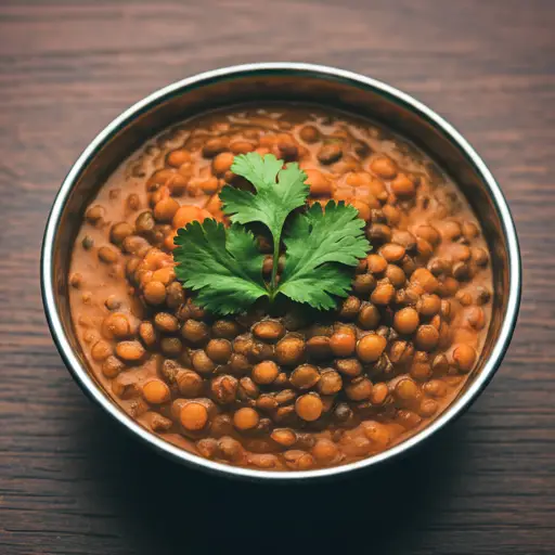 A bowl of lentil curry garnished with cilantro