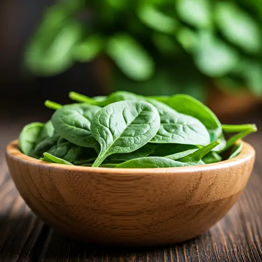 Fresh spinach leaves in a wooden bowl